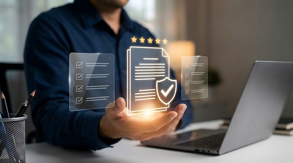 Businessman holding a glowing virtual contract with a shield icon,symbolizing secure digital agreements,trustworthy insurance policy,guaranteed protection for corporate safety 고전압하네스 3가지 SPEC