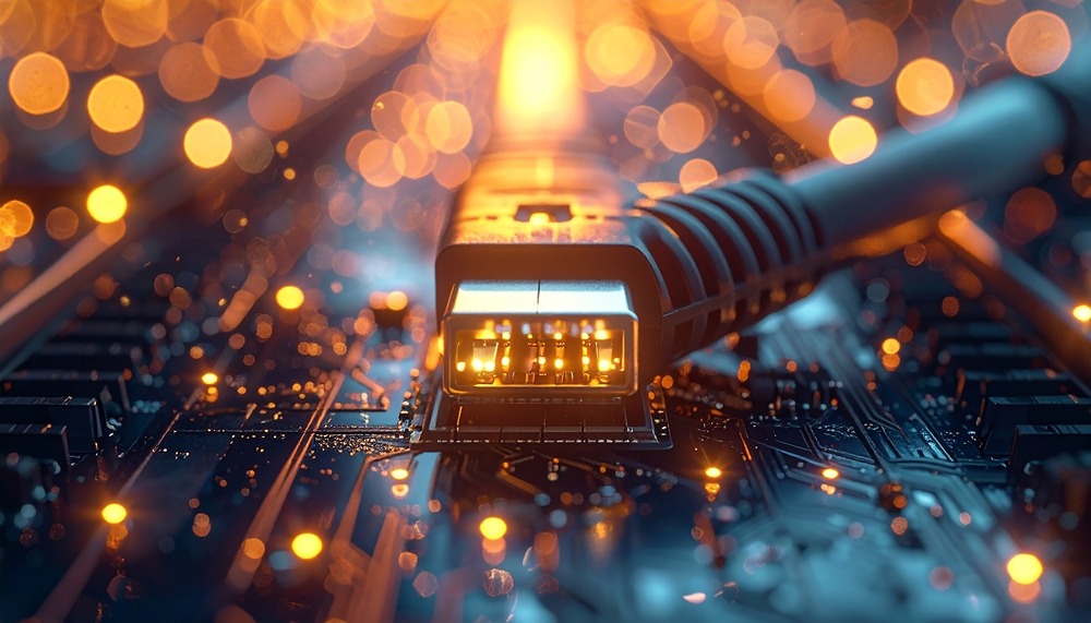 Ethernet Cable Connection: A macro shot highlights an ethernet cable connection, electrical circuit board with a soft, warm bokeh effect 2. BK electronics cableharness BLOG CONTENT