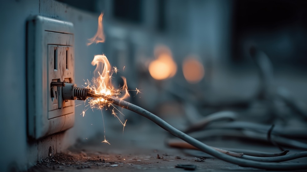 Close-up of electric cable sparking in outlet, symbolizing fire hazard and electrical safety risk. Concept of danger, energy, prevention, and household accident 2. cableharness 1