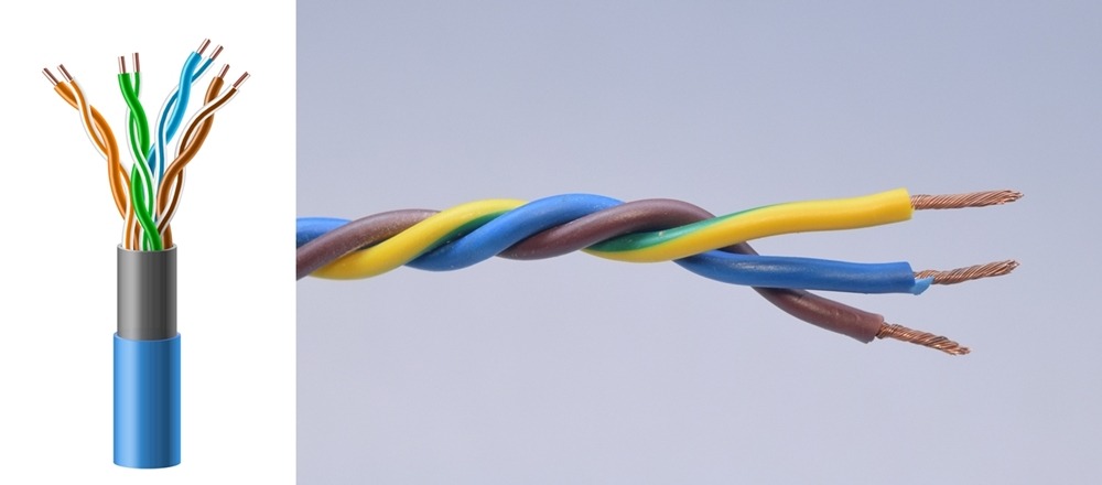 Fiber optic tight buffered cable structure isolated on white background. Set of cable wires in cut 3. AdobeStock 427259955 horz