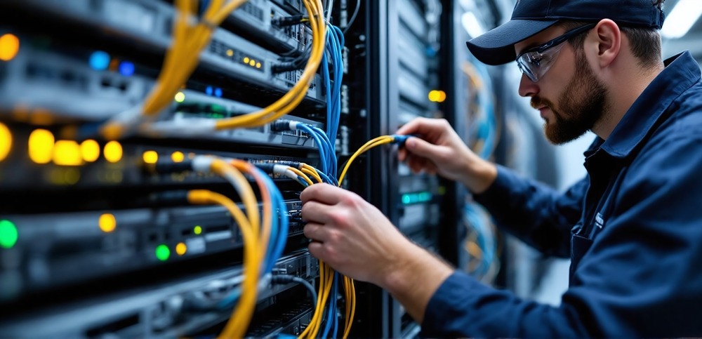 Technician connecting network cables in server room 5. BK electronics cableharness BLOG CONTENT