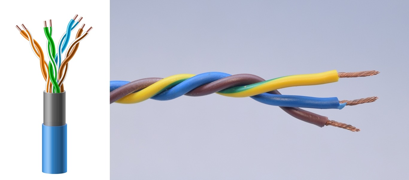 Fiber optic tight buffered cable structure isolated on white background. Set of cable wires in cut Twisted Pair Cable Assembly